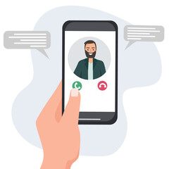 A hand holds a smartphone with an incoming call. Portrait of a person from contacts on the phone screen. Mobile applications and Internet technology. Vector flat illustration