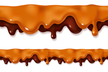 Seamless caramel and chocolate sauce drip. Melted drops of sweet liquid toffee with cacao sauce isolated on white background. Repeatable food pattern vector illustration