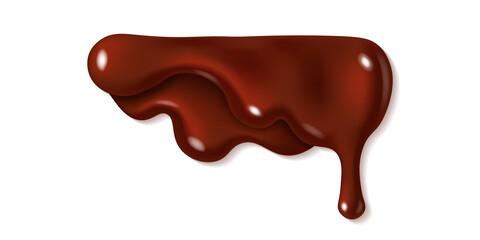 Melted dark or milk chocolate drip isolated on white background. Realistic vector 3d illustration of brown cream sauce or syrup drop. Dripping liquid cocoa. Horizontal border left corner element