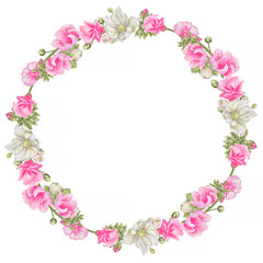 Watercolor wreath from realistic pink and white flowers. For card, wedding design. Tender vintage mood.