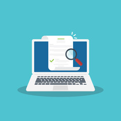 Online digital document inspection or assessment evaluation on laptop computer, contract review, analysis, inspection of agreement contract, compliance verification. Vector illustration	