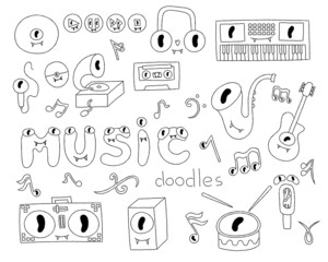 Vector music doodles - synthesizer, microphone, vinyl player, speakers, guitar, dj controller, drums, headphones, audio cassette, sheet music - vector illustration, eps stock illustration