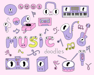 Vector music doodles - synthesizer, microphone, vinyl player, speakers, guitar, dj controller, drums, headphones, audio cassette, sheet music - vector illustration, eps stock illustration