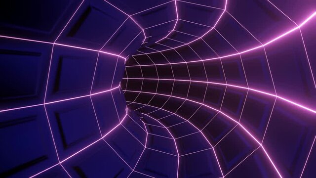 Neon tunnel.Design. A long pink-purple path in abstraction with glowing lines and squares that moves.