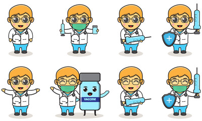 Vector illustrations of Cute Boys doctor cartoon set. Smiling little Boy dressed as doctors. Adorable kids doctor set.