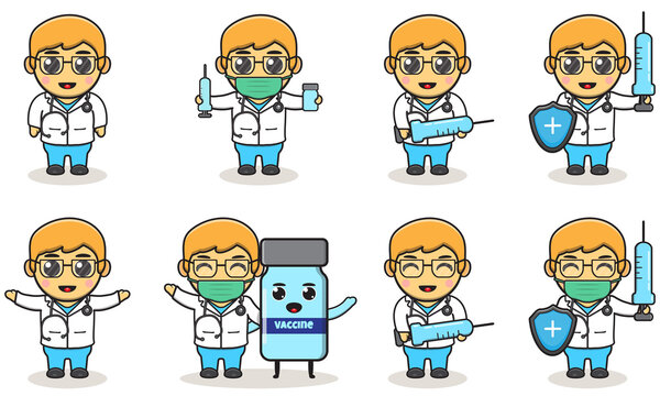 Vector illustrations of Cute Boys doctor cartoon set. Smiling little Boy dressed as doctors. Adorable kids doctor set.