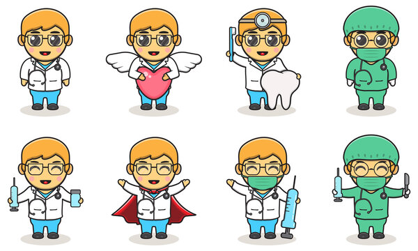 Illustrations of Cute Boys with Doctor costume. Smiling little Boy dressed as doctors. Adorable kids doctor set.