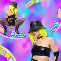 Contemporary digital collage art. Urban girls back in 90s style. Pop zine culture in trendy  vapor...