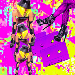 Contemporary digital collage art. Urban girls back in 90s style. Pop zine culture in trendy colorful space. Fashion, party, clubbing, retro, disco concept
