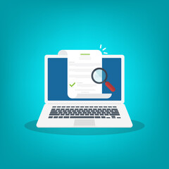 Online digital document inspection or assessment evaluation on laptop computer, contract review, analysis, inspection of agreement contract, compliance verification. Vector illustration	