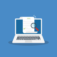 Online digital document inspection or assessment evaluation on laptop computer, contract review, analysis, inspection of agreement contract, compliance verification. Vector illustration	