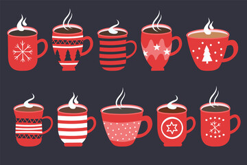 Red cups with a hot drink. Vector set isolated on black background.