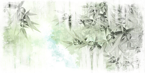 leaves on a shabby textured background painted in a pastel style, wallpaper in the room