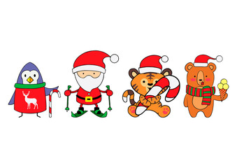 Christmas set of animals tiger, bear, penguin with Santa Claus isolated on white background. Vector illustration in a flat style for decoration for Christmas and New Year.