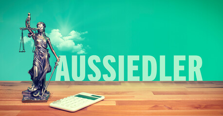 Aussiedler (Spätaussiedler). Justita als Symbol für Anwalt, Recht und Gesetz. Text in deutsch.