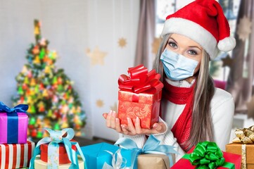Easy to buy with online shopping! Satisfied girl with medical mask holding Christmas present,