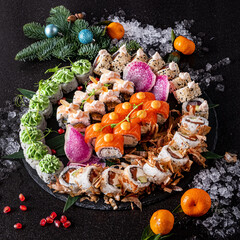 Fototapeta na wymiar Sushi and salmon, korean traditional sushi, christmas tree decoration