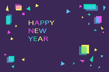 Simple greeting card with neon colored geometric elements and text Happy New Year on dark blue background. Memphis style. Vector illustration.