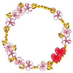 Valentine's Day floral wreath. Pink jewelry flowers with golden leaves, beads and red heart. Romantic modern holiday decor. Watercolor hand painted isolated element on white background.