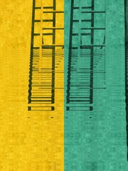 textured yellow and dull green background with vertical steel ladder with strong shadows