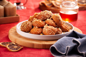 Close-up of homemade greek traditional melomakarona cookies