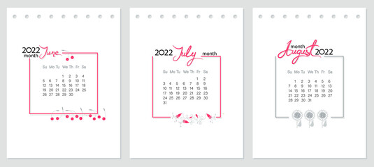 Summer months. Calendar 2022 year. June, July and August. Calendar layout with flowers and berries decor. Week starts Sunday. Vertical calendar page for weekly planning, organizer. Vector illustration