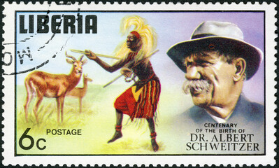 LIBERIA - 1975: shows Antelope and dancer, series Dr. Albert Schweitzer (1875-1965), medical...