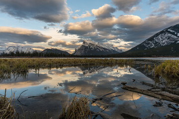Vermillion Lake and Mount Rundle long exposure sunset in spring. Banf, Canada
