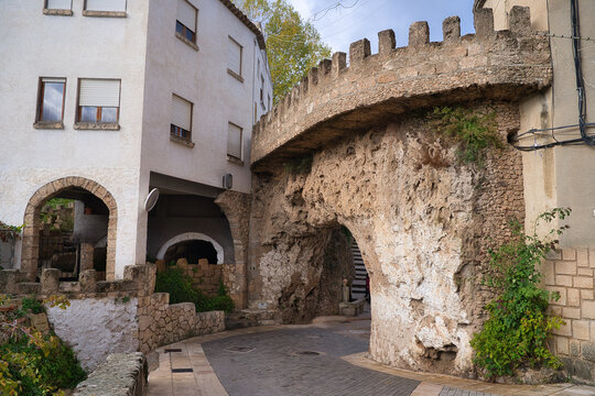 Street with medieval buildings in the city of Letur, Castilla, Spain