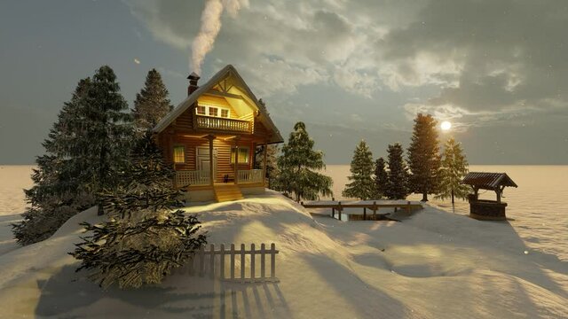 Log house on a snowy hill and a well. 3d rendering