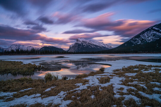 Vermillion Lake and Mount Rundle long exposure sunset in spring. Banf, Canada