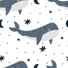 Seamless pattern with cartoon whale, stars, décor elements. Colorful vector flat style. hand drawing. design for print, wrapper, fabric.