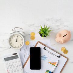 Concept of annual summary review with report and office supply.