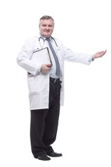 competent doctor with clipboard. isolated on a white background.