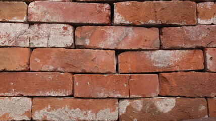 A stack of red bricks. Brickwork without cement. Crystallization is preceded by the movement of water-salt solutions in the pores of the material, followed by the exit to the surface