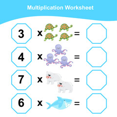 Multiplication Worksheet for children. Counting math worksheet. Printable math worksheet. First grade education worksheet. Vector illustration.