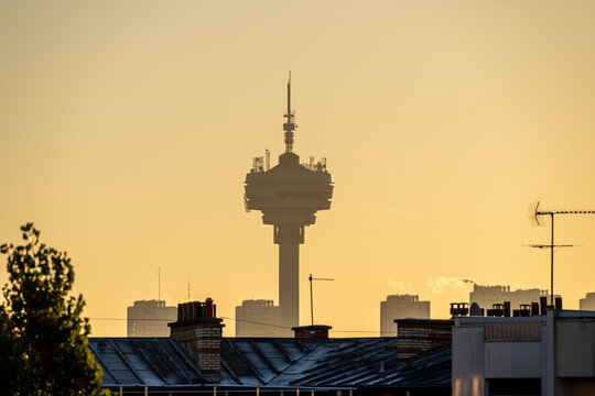 Les Lilas, France - 10 24 2021: View of TDF microwave tower Romainville site at sunrise