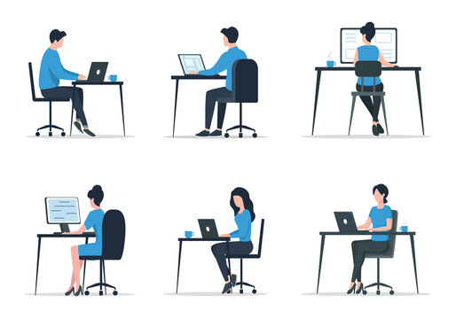Office work set. Colored vector flat illustration. Isolated on white background. 