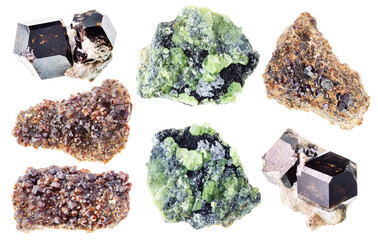 set of various andradite stones cutout on white