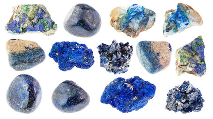 set of various Azurite stones cutout on white