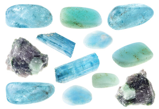 set of various aquamarine (blue beryl) stones