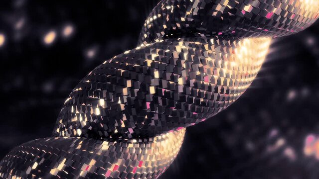 Close up of an abstract twisted metal chain with the glow inside, seamless loop. Motion. Abstract metal weaving.