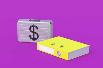 Financial documentation. Banking information. Accounting Report. Credit history. List of investors. Economic indicators. Budget planning. Bank audit. Money suitcase and paper folder. 3d render