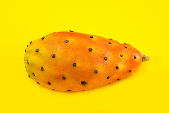 Close Up Of Opuntia Ficus Indica, Exotic Fruit On Yellow Background