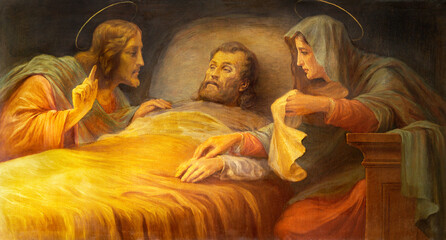 FORLÍ, ITALY - NOVEMBER 11, 2021: The painting Death of St. Joseph in the Cattedrala di Santa Croce by Mario Pesarini (1961). © Renáta Sedmáková