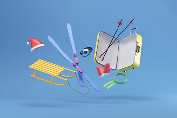 Winter Vacation Concept. Suitcase with Different Accessories for Winter on blue studio background - 476216759