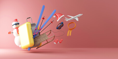 Winter Vacation Concept. Suitcase with Different Accessories for Winter with Snowman on pink studio background