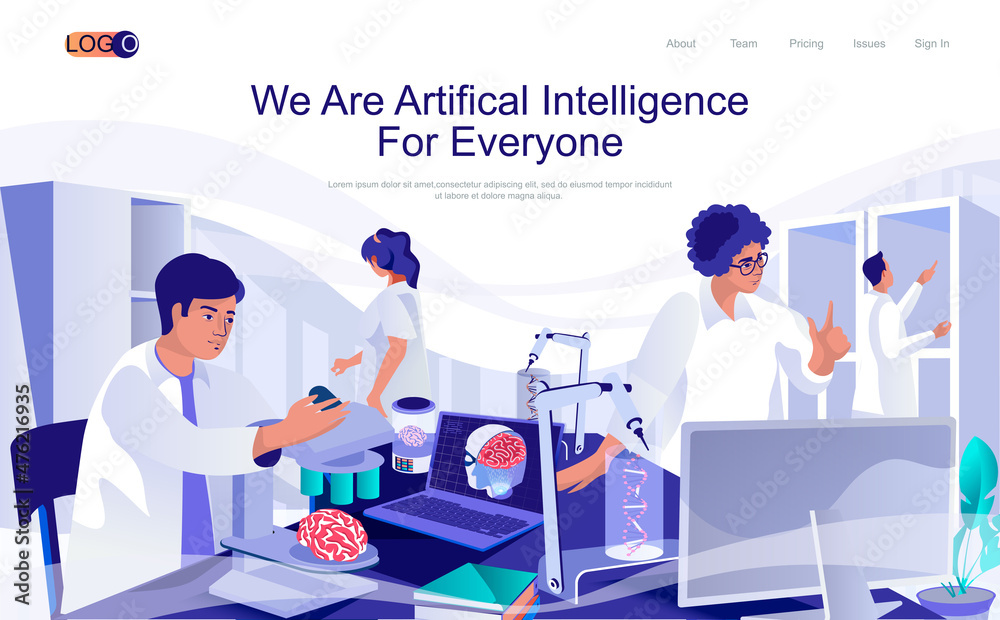 Poster artificial intelligence concept isometric landing page. people working with ai brains neural network