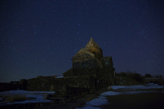 Sevanavank monastery on the background of the night starry sky in Armenia