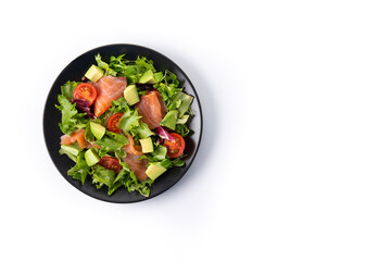 Salmon and avocado salad isolated on white background. Copy space